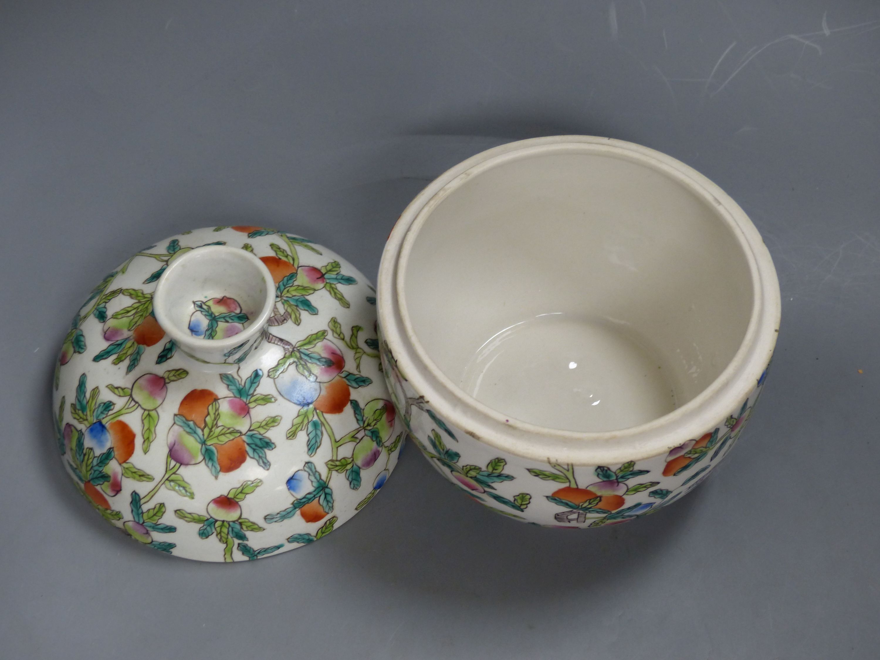 A Chinese famille rose Kamcheng and five ‘cockerel’ saucers, height 15.5cm
